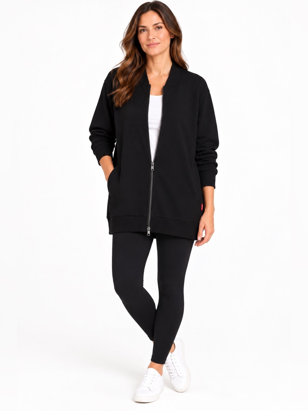 Josie Natori Black Longline Zip Front Sweatshirt Jacket XL